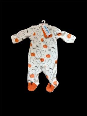 Newborn Carter's White and Orange Halloween Ghost & Pumpkin Footed One-Piece NEW